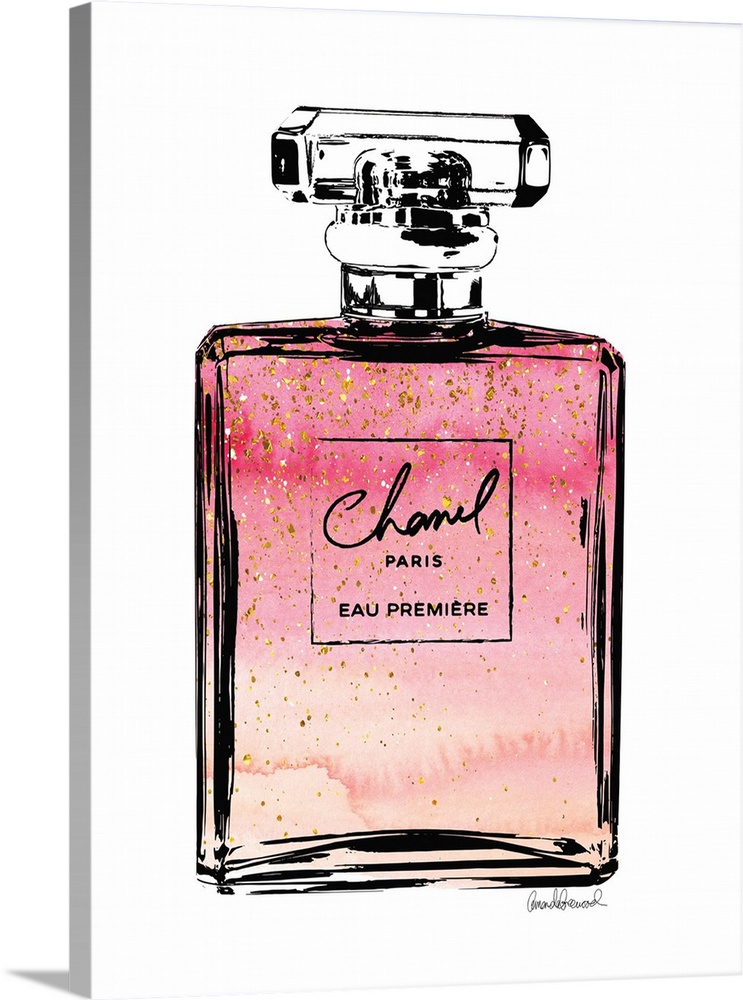 A bottle of perfume filled with watercolor and gold colored flakes.
