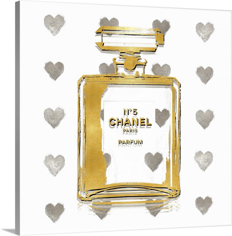 A white background with hearts peek through a transparent bottle of perfume.
