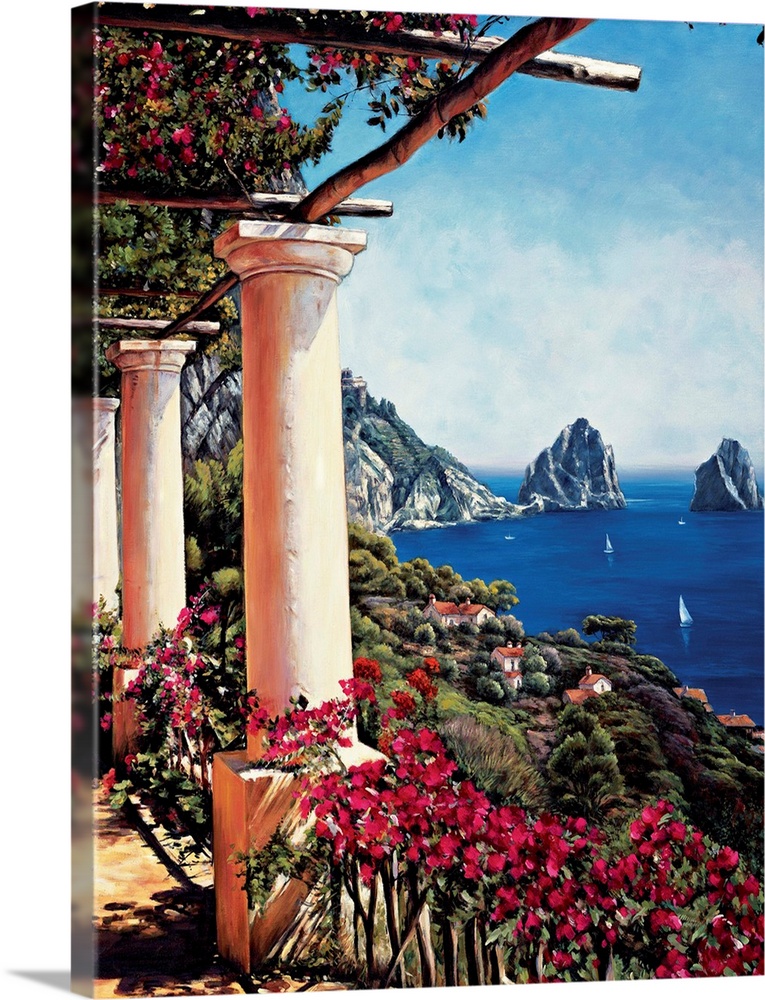 Contemporary painting of a pergola held up by pillars with the ocean in view.