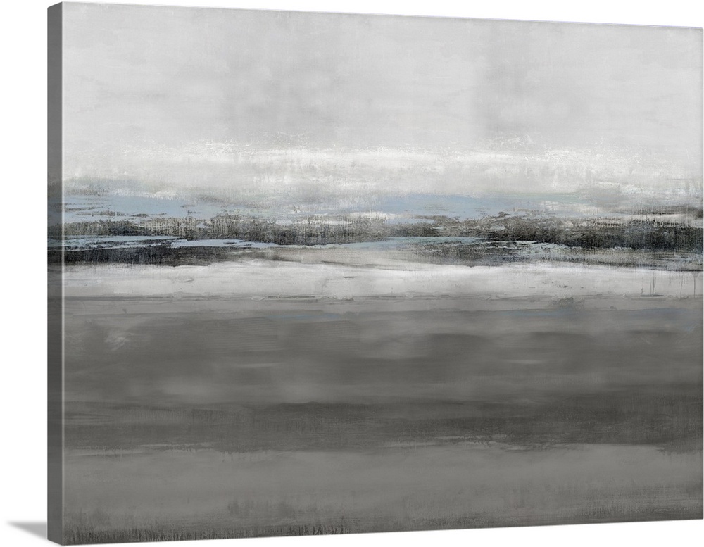Layered abstract painting made in shades of gray, white, and light blue.