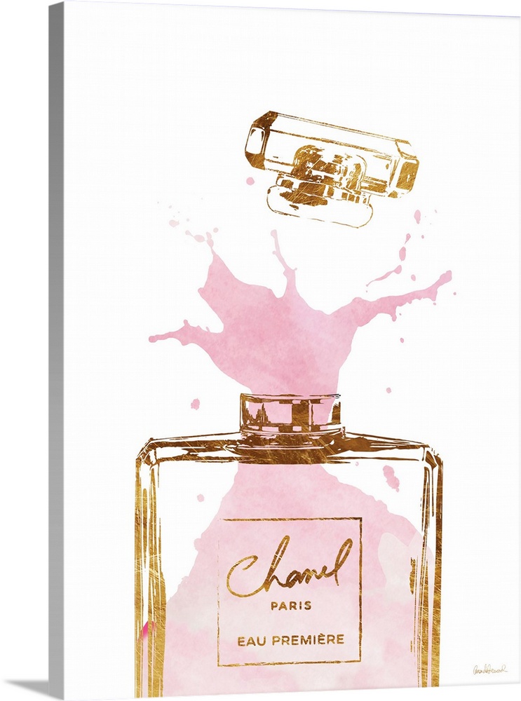 A bottle of perfume spills out onto a white background.