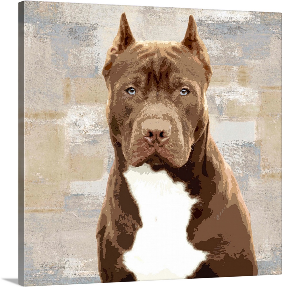 Square decor with a portrait of a Pitbull on a layered gray, blue, and tan background.