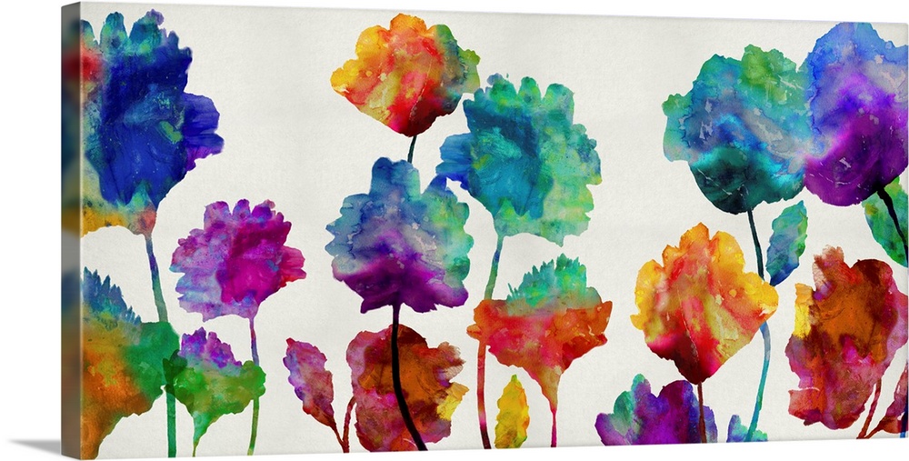 Large art with silhouettes of flowers with multiple colors melding together with a watercolor look on a plain background.
