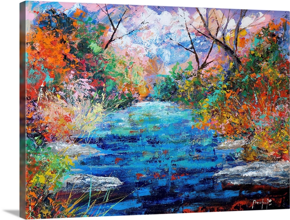 Abstract landscape painting of a pond surrounded by colorful trees and sky, created with small, layered brushstrokes.