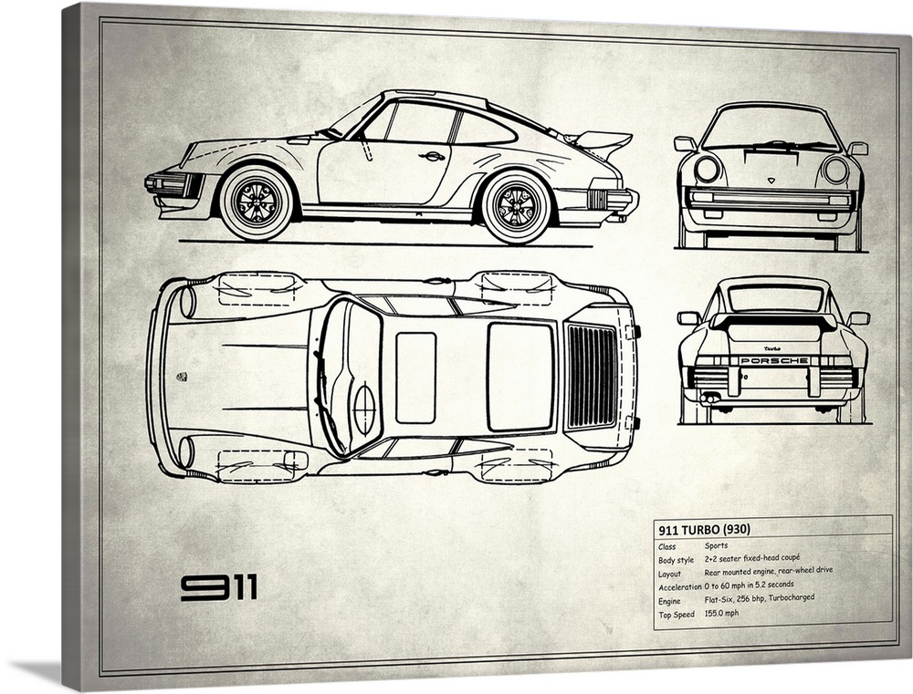 Antique style blueprint diagram of a Porsche 911 Turbo 1977 printed on a weathered white and gray background.