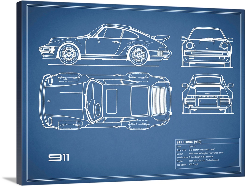 Antique style blueprint diagram of a Porsche 911 Turbo 1977 printed on a  blue background