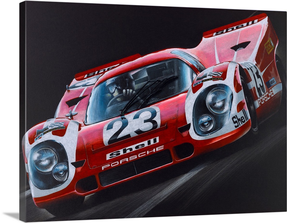 Illustration of a Porsche Formula One car in action on a black background.