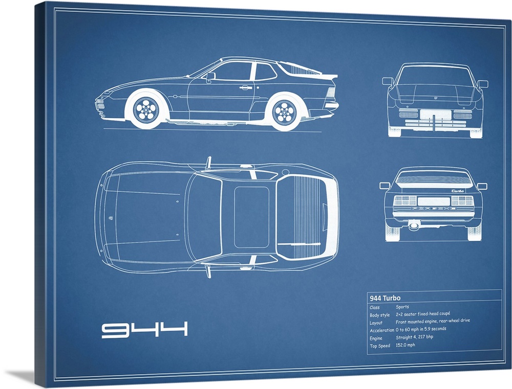 Antique style blueprint diagram of a Porsche 944 Turbo printed on a Blue background