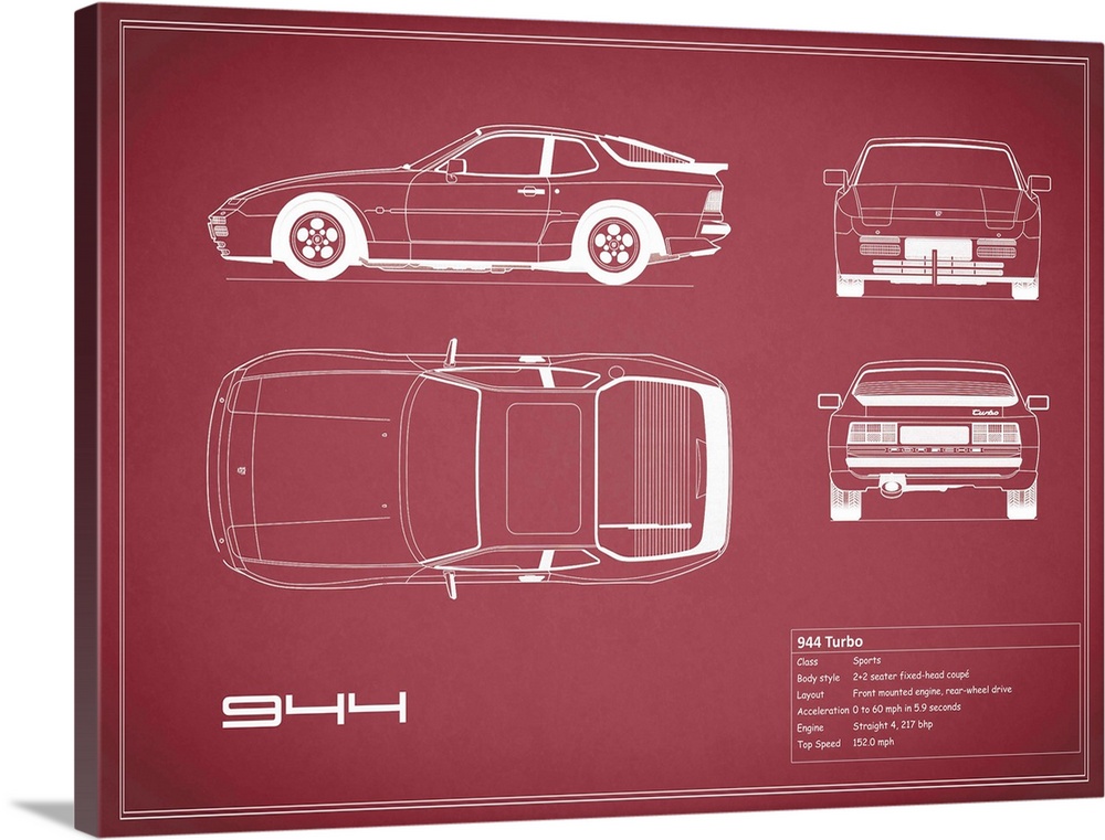 Antique style blueprint diagram of a Porsche 944 Turbo printed on a Maroon background