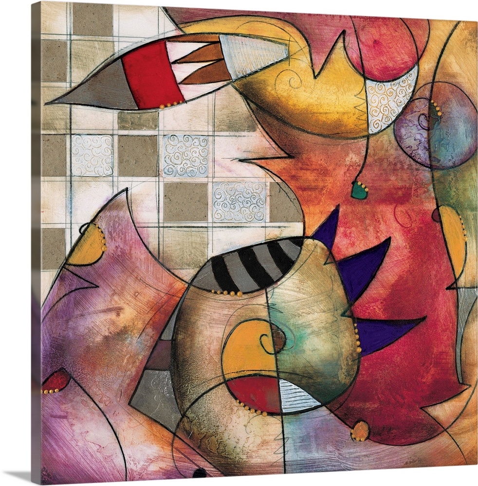 Primo I by Eric Waugh.  A colorful square abstract painting of striking shapes against a checkered background.