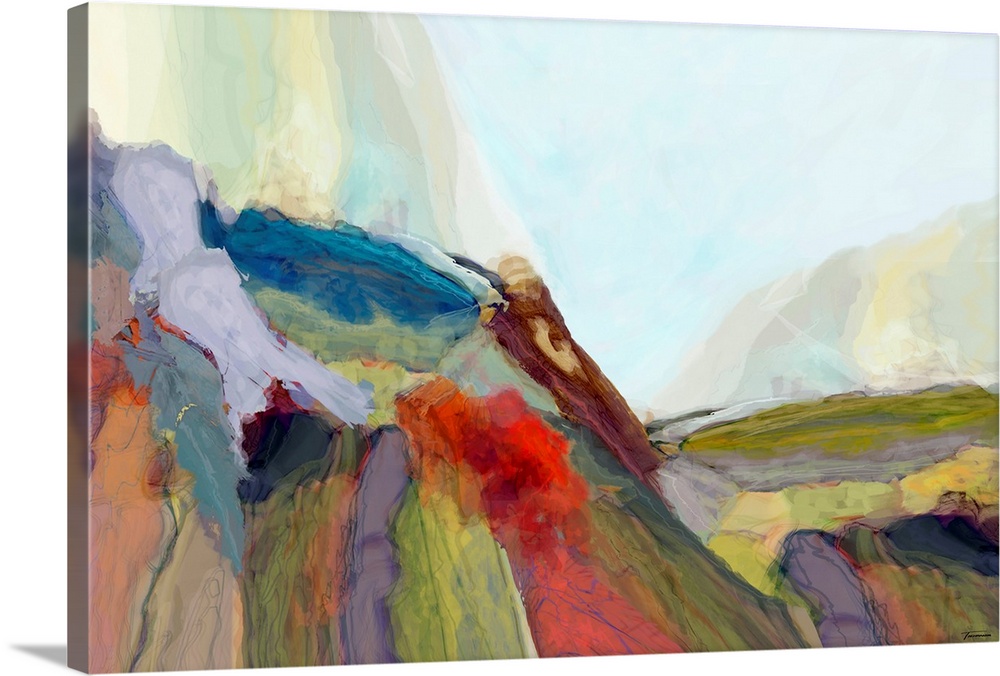 Colorful large abstract art with transparent-like hues resembling mountains and sky.