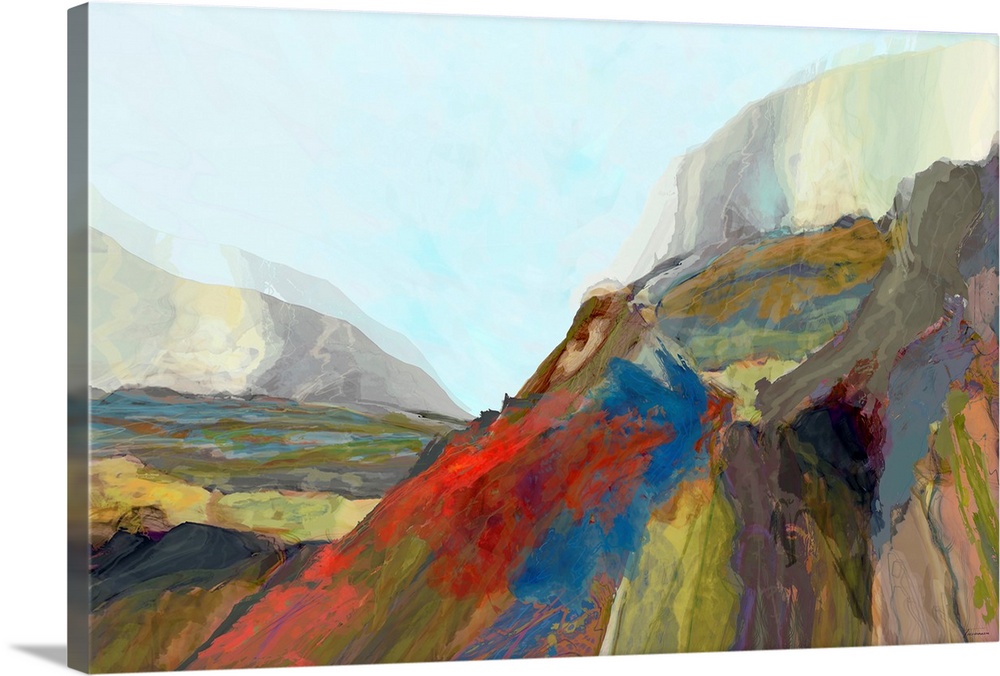 Colorful large abstract art with transparent-like hues resembling mountains and sky.