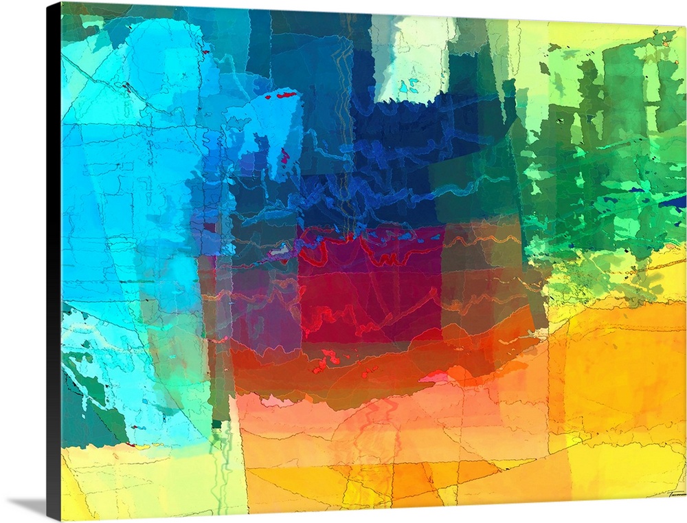 Vibrant abstract art with translucent hues layered on top of each other in different free formed shapes.