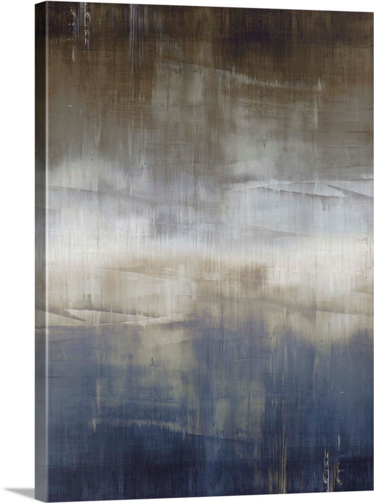 Abstract artwork of vertical brush strokes in blue, white and brown with visible horizontal lines throughout.