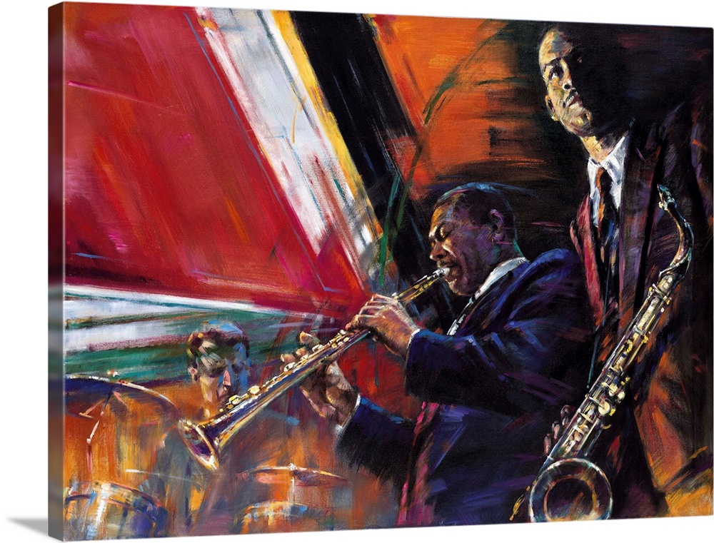 Contemporary painting of Jazz musicians playing saxophone, soprano saxophone, and drums.
