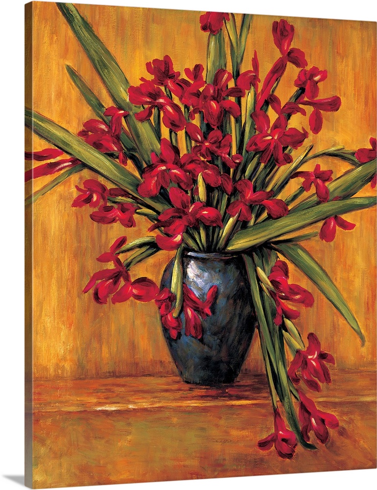 Contemporary painting of red irises in a vase with an orange, red, and brown background.