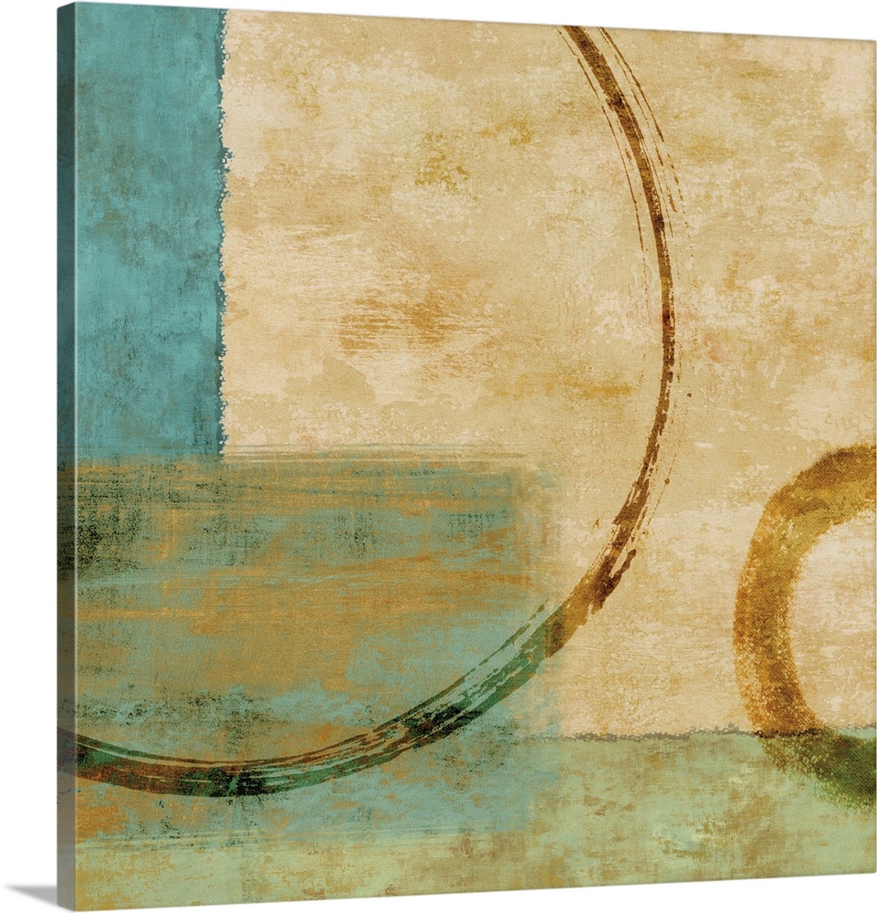 Square abstract in cream, gold, tan, green, and blue hues with circular and rectangular shapes.