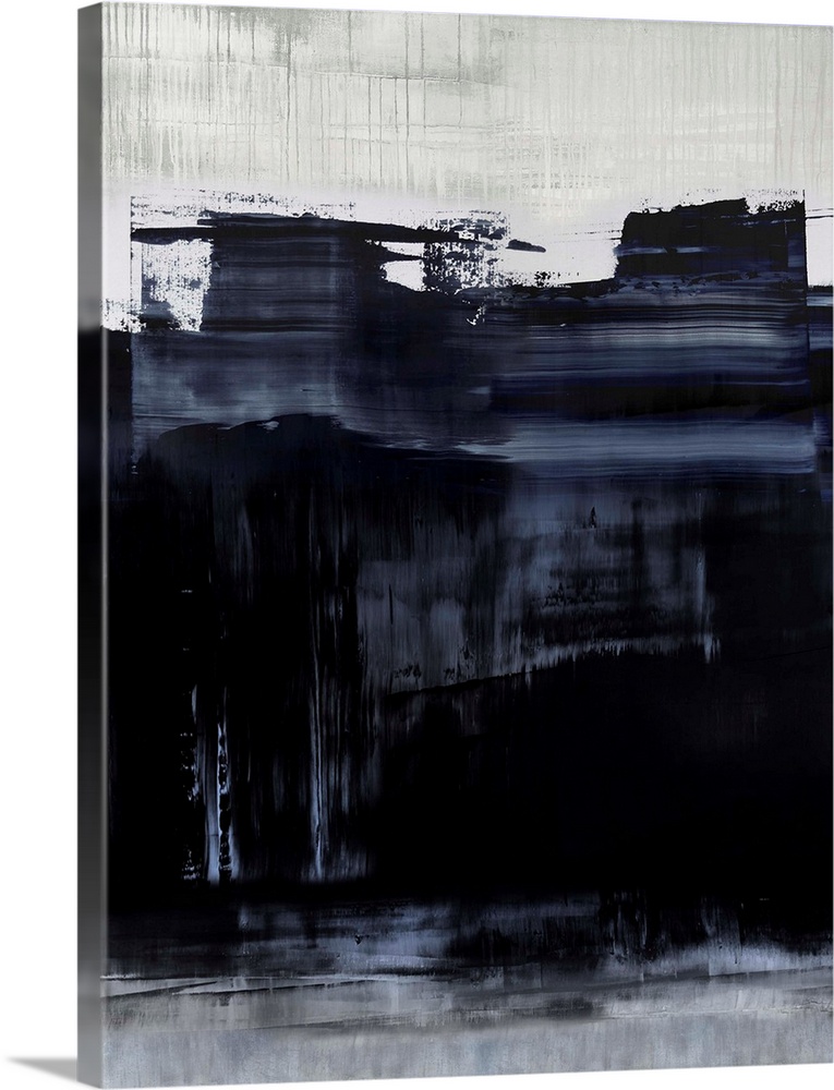 Abstract artwork of vertical dripping paint in black, blue and white with thick horizontal brush strokes in the center.