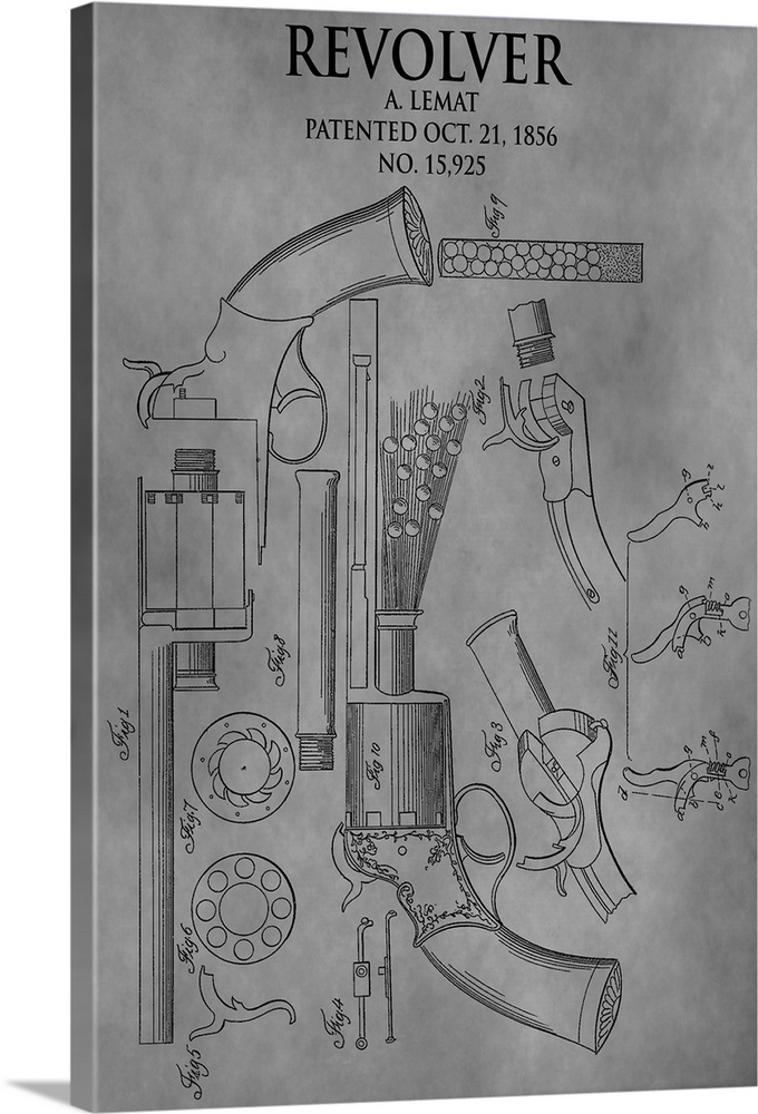 Silver and black blueprint for a revolver, patented October 21, 1856.