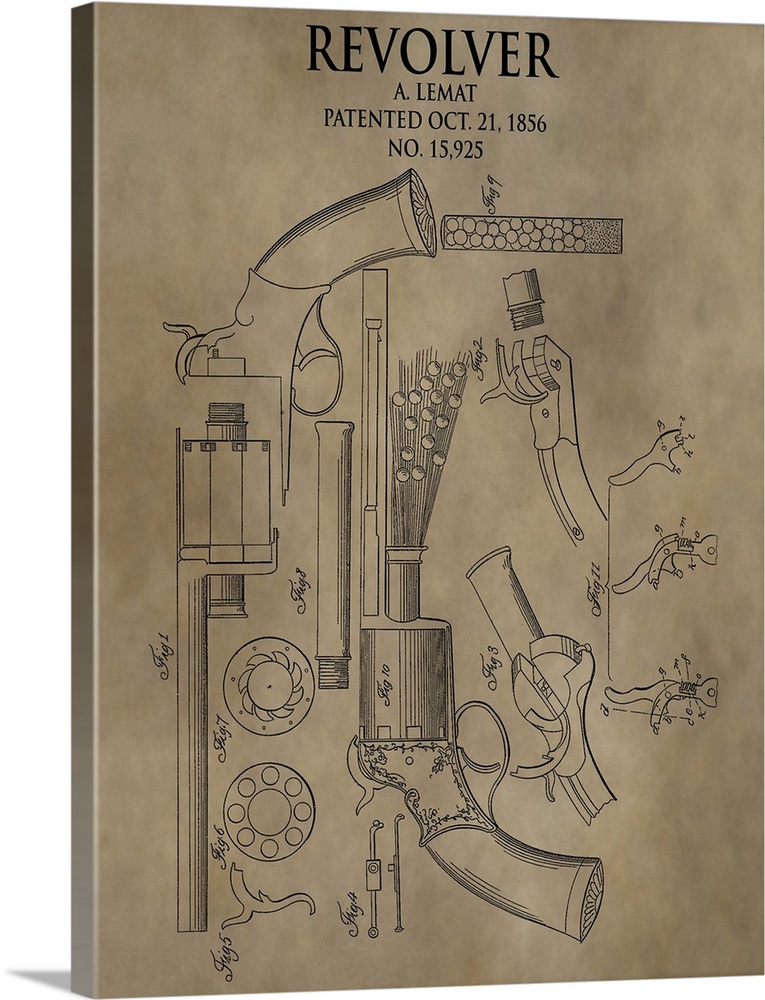 Antique style blueprint diagram of a Revolver from 1856 printed on a brown background.