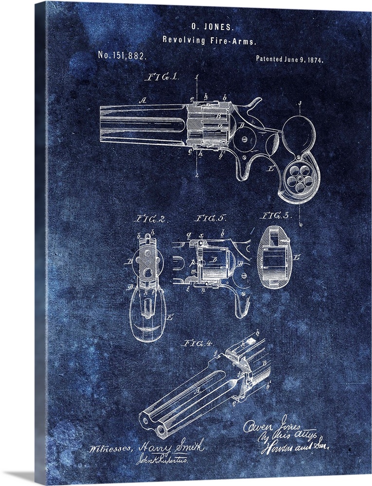 Antique style blueprint diagram of a Revolving Fire Arms printed on a blue background.