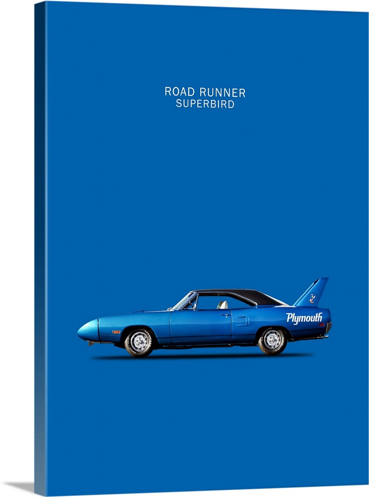 Photograph of a blue Road-Runner Superbird 1970 printed on a blue background