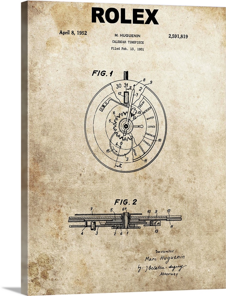 Antique style blueprint diagram of a Rolex Calendar Time Piece printed on an aged background.