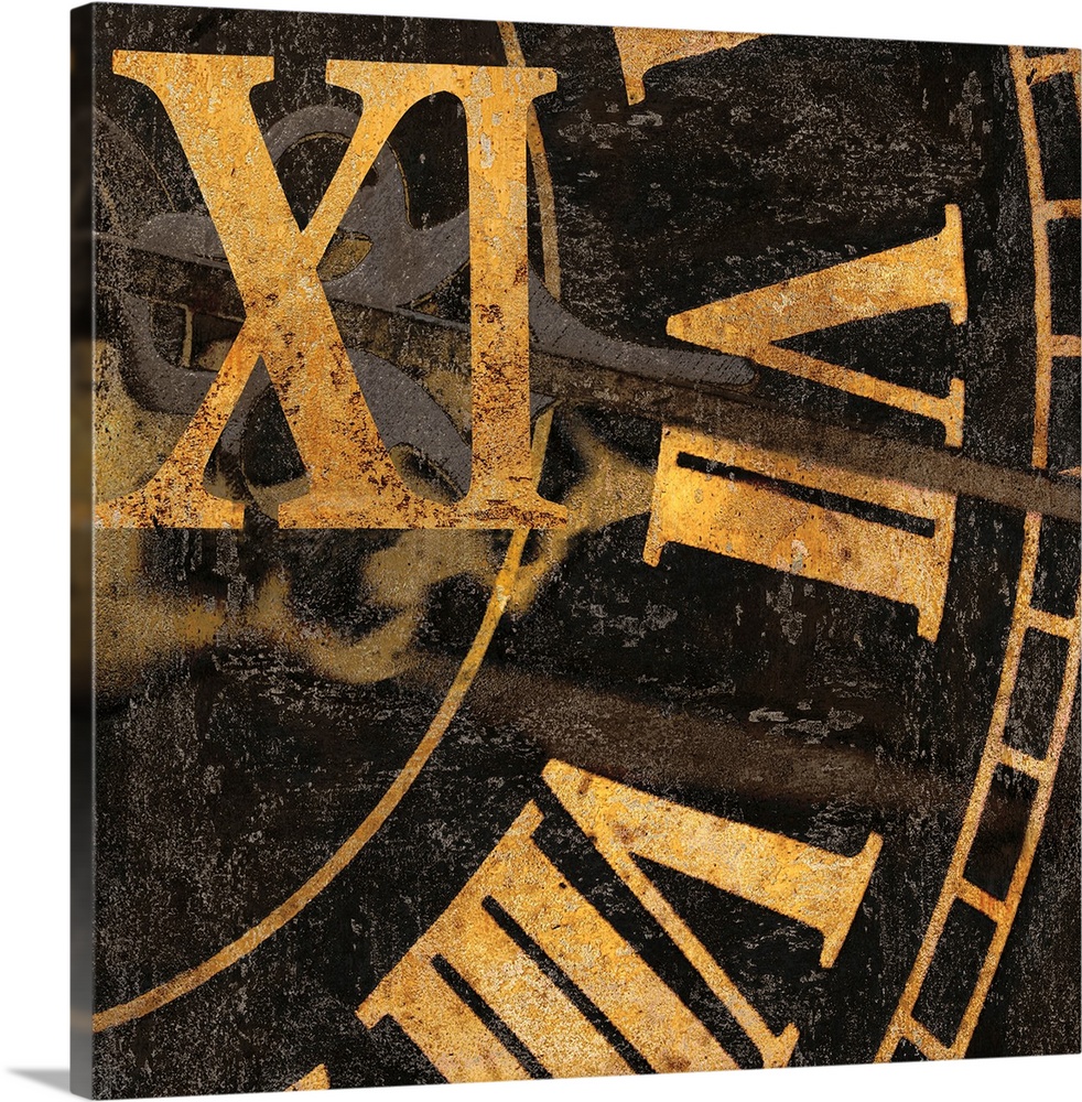 Square decor with a close-up of gold roman numerals on a clock.