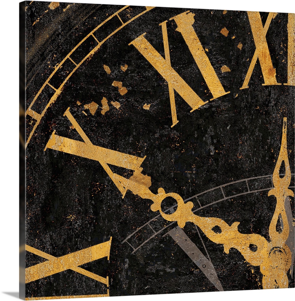 Square decor with a close-up of gold roman numerals on a clock.