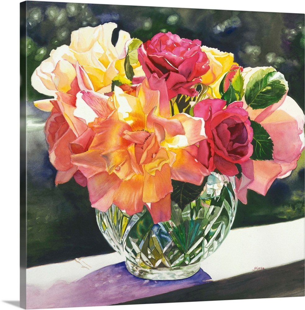 Square still life watercolor painting of beautifully arranged flowers in a crystal vase.