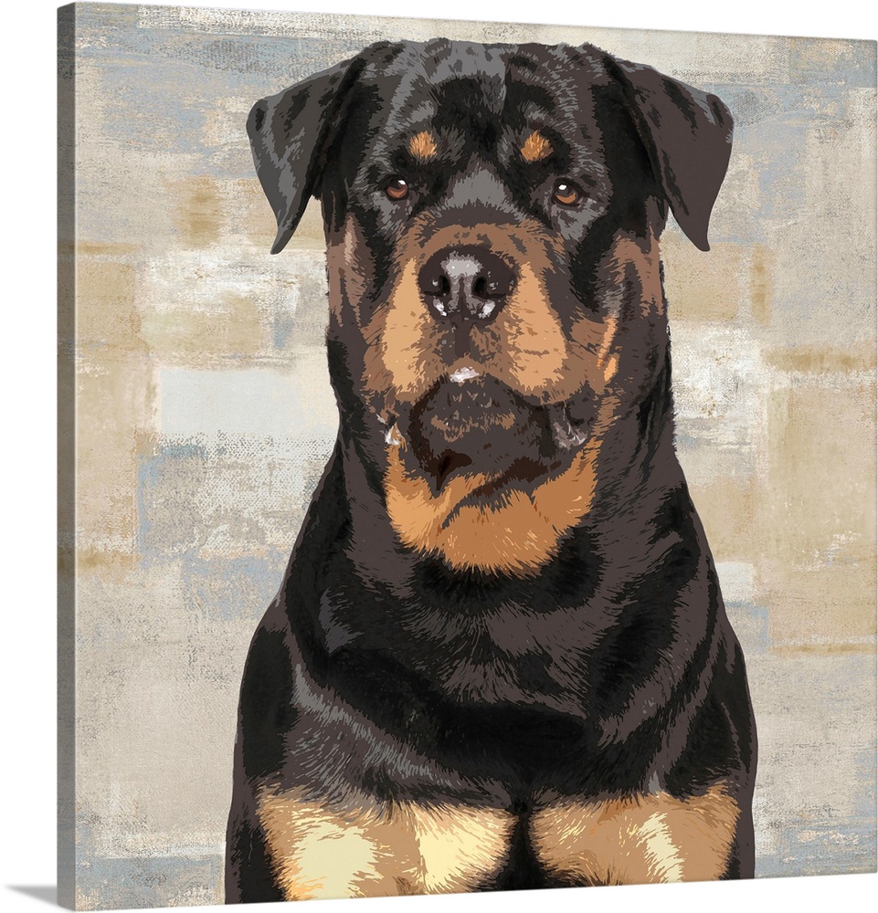 Square decor with a portrait of a Rottweiler on a layered gray, blue, and tan background.