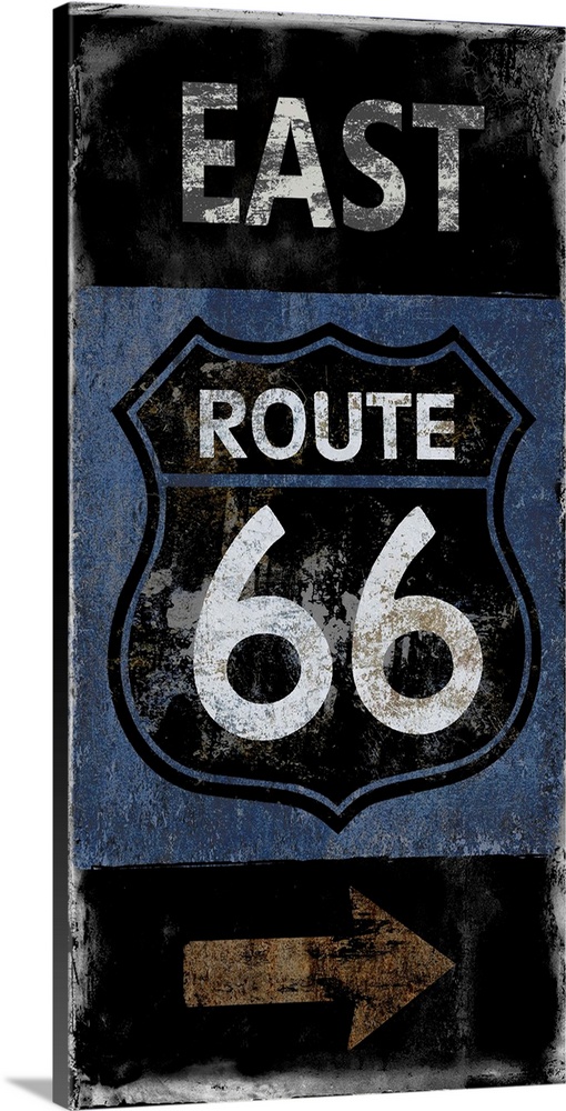 East Route 66 vintage sign in black, white, blue, and copper.