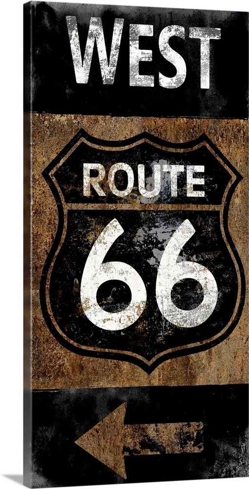 West Route 66 vintage sign in black, white, and copper.