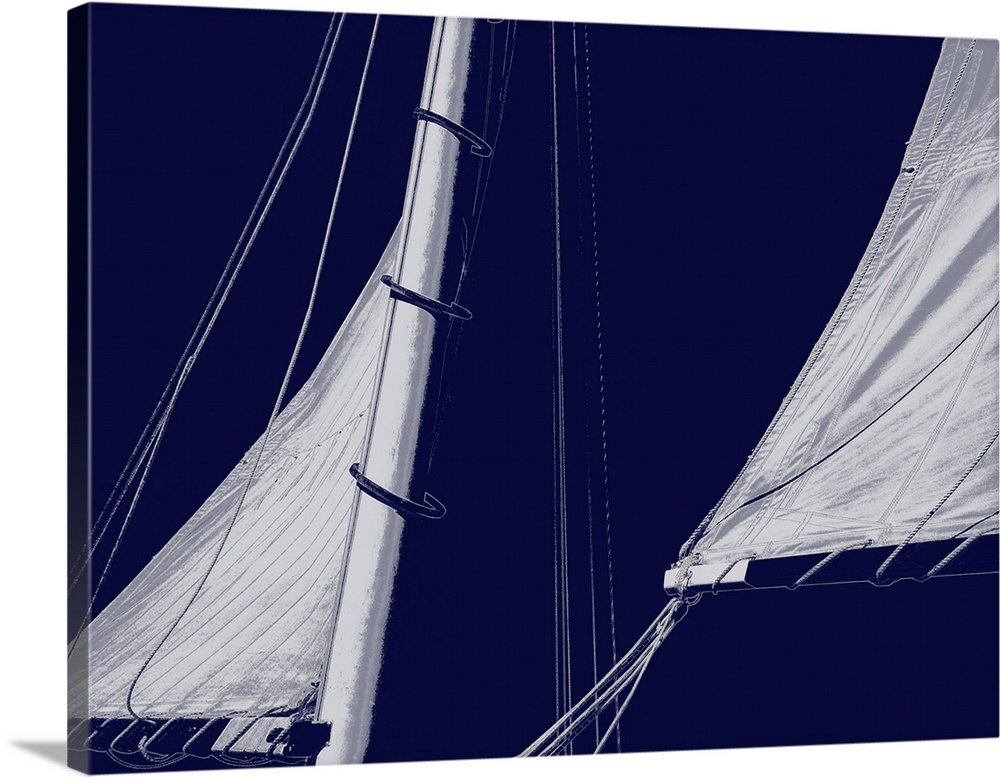 Indigo and white illustration of sails from a sailboat.