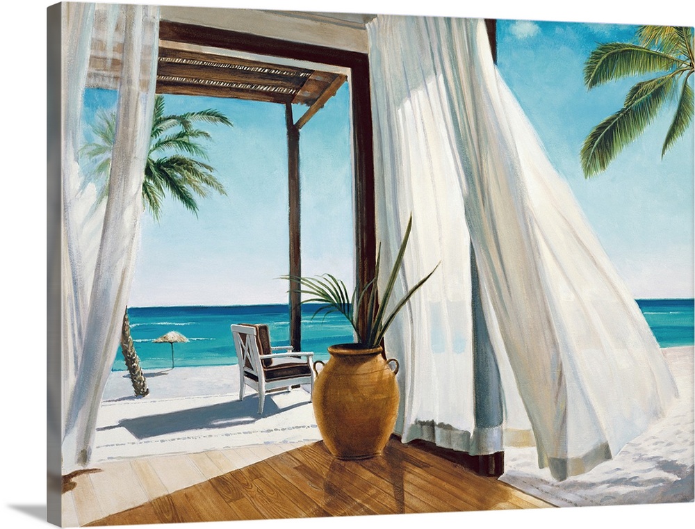 Contemporary painting of a relaxing veranda on a white sand beach with beautiful blue water in the distance.