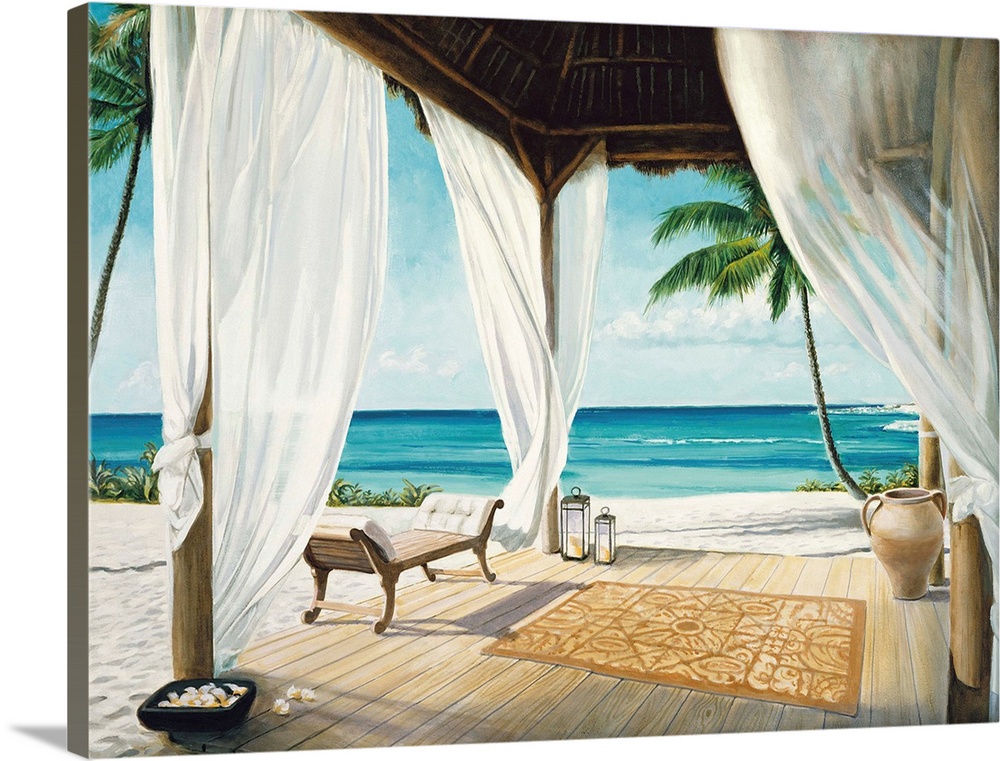 Contemporary painting of a relaxing beach setting with a veranda on a beautiful day.