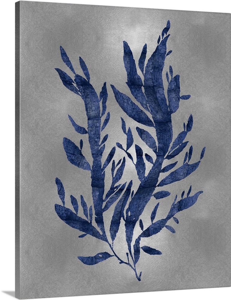 Indigo silhouette of seaweed on a silver background.