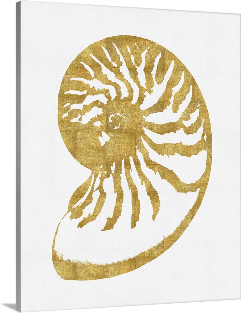 Gold silhouette of a seashell on a solid white background.