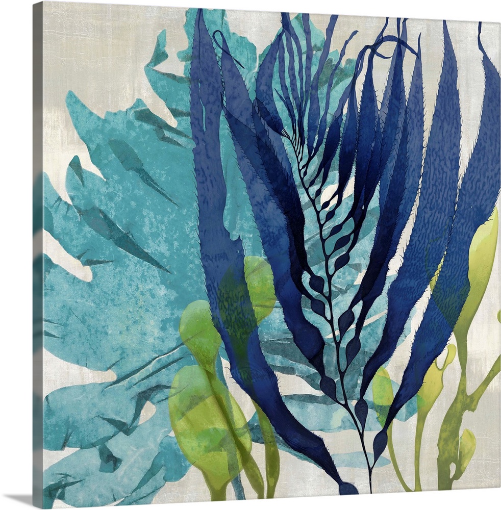 Square decor with sea plants in shades of blue and green on a neutral colored background.