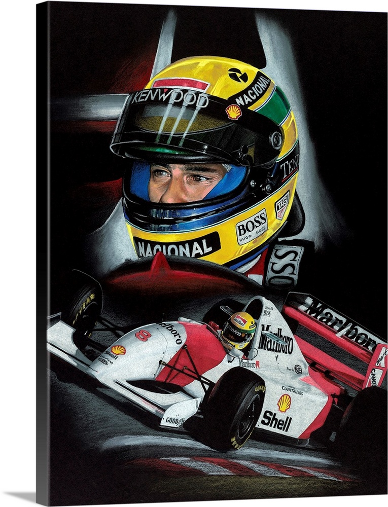 Illustration with a composite of a driver and a Marlboro/Shell Formula One car  in action.