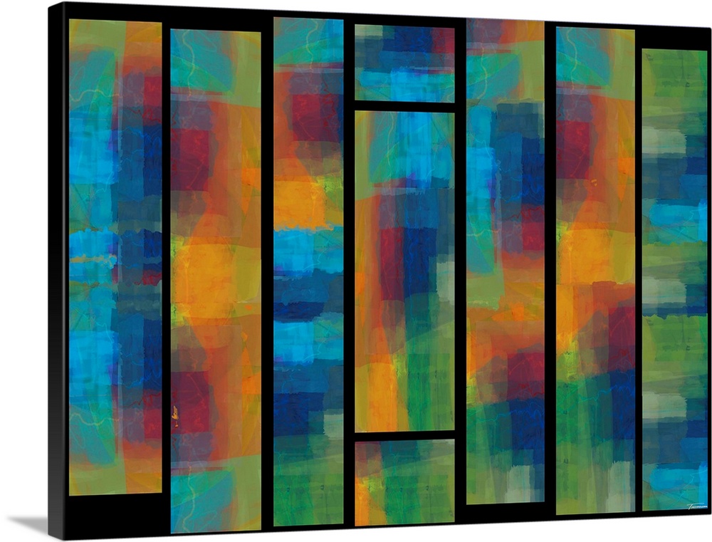 Abstract artwork with colorful stained glass window like designs on a black background.