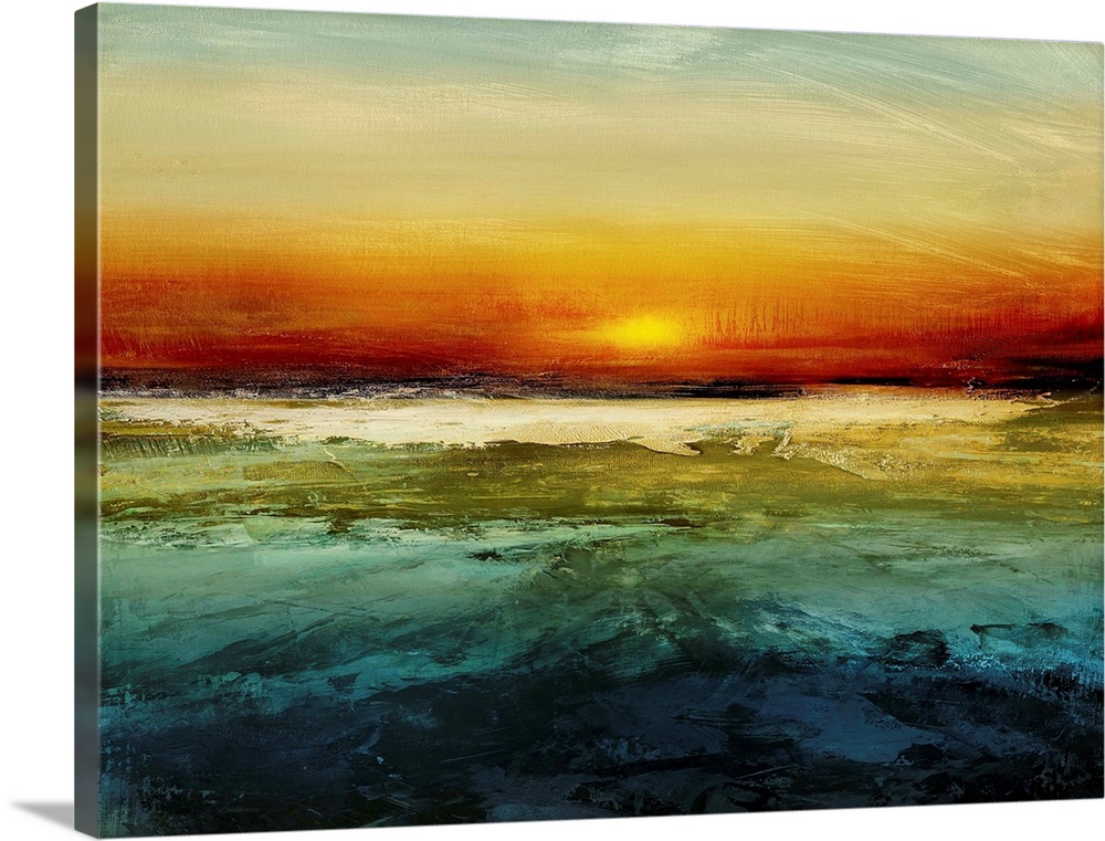 Contemporary abstract artwork features a setting sun on the horizon with a distressed texture throughout.