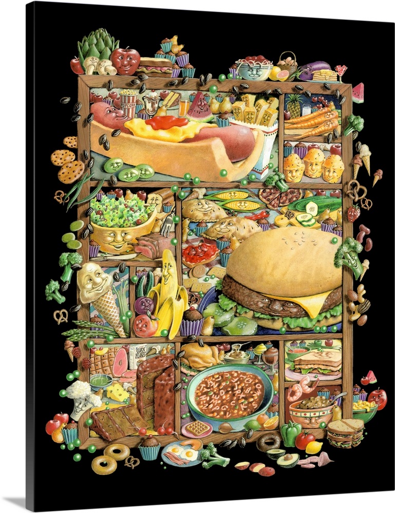 Illustrated shadowbox of different types of food on a black background.