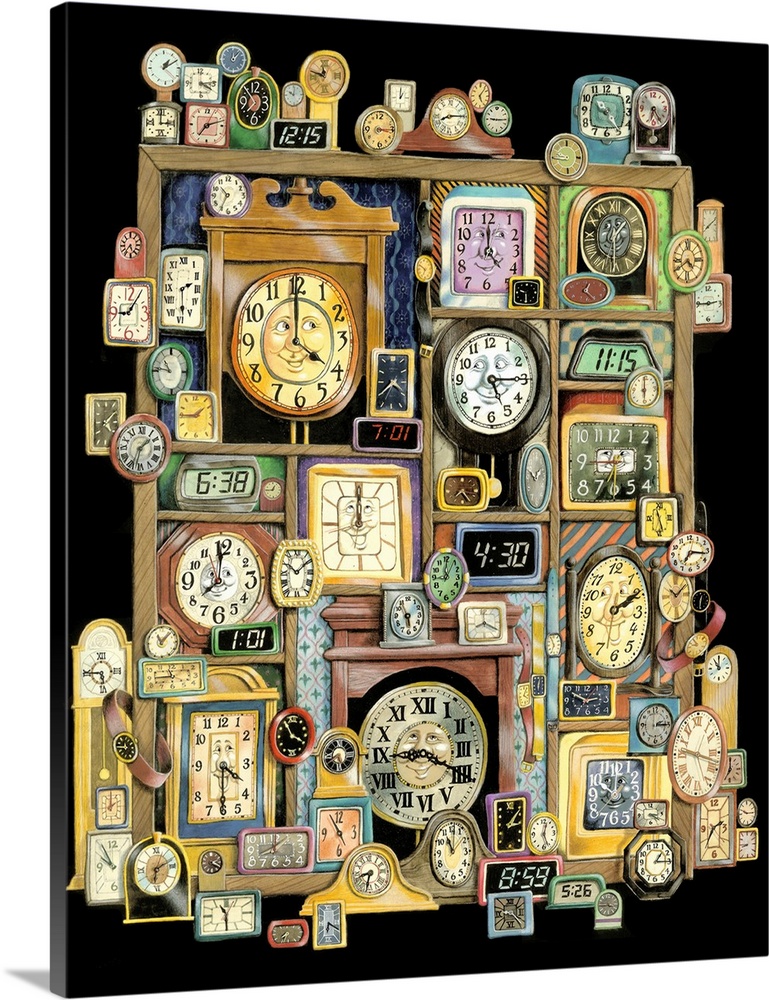 Illustrated shadowbox of different types of  clocks on a black background.