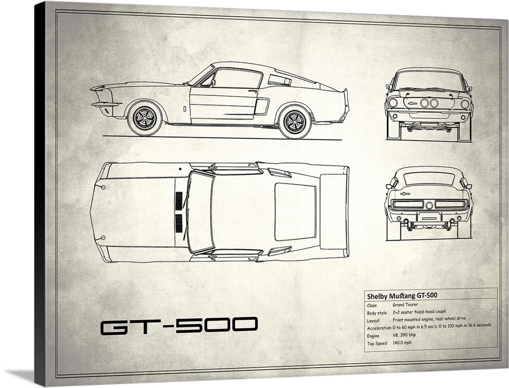 Antique style blueprint diagram of a Shelby Mustang GT500 printed on a weathered white and gray background.