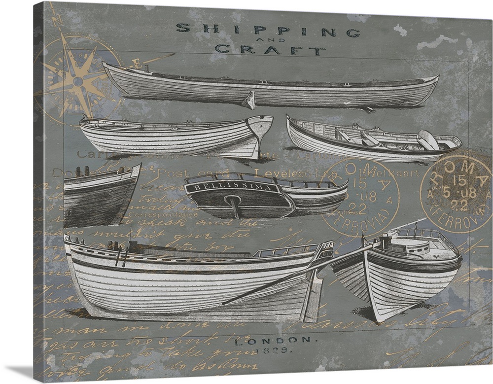 Illustration of different shipping boats and craft on an aged background with gold script and stamps.