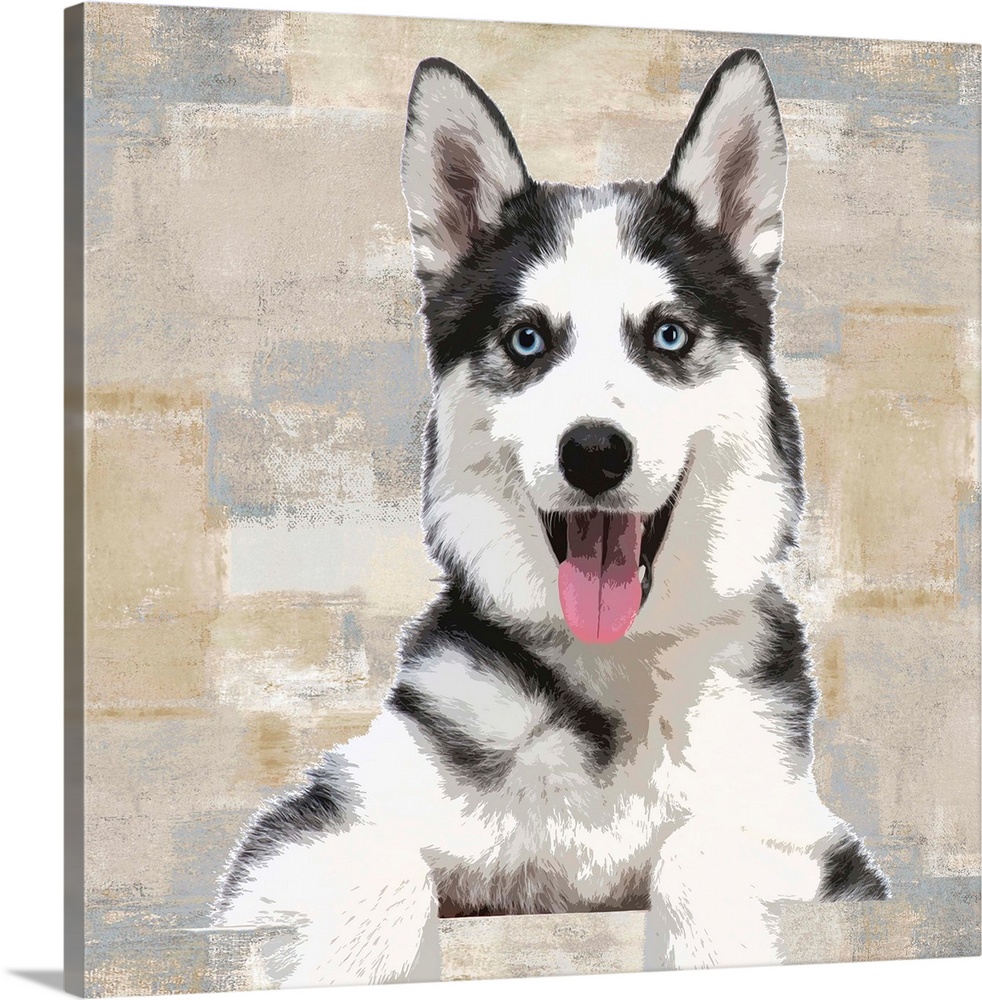 Square decor with a portrait of a Siberian Husky on a layered gray, blue, and tan background.