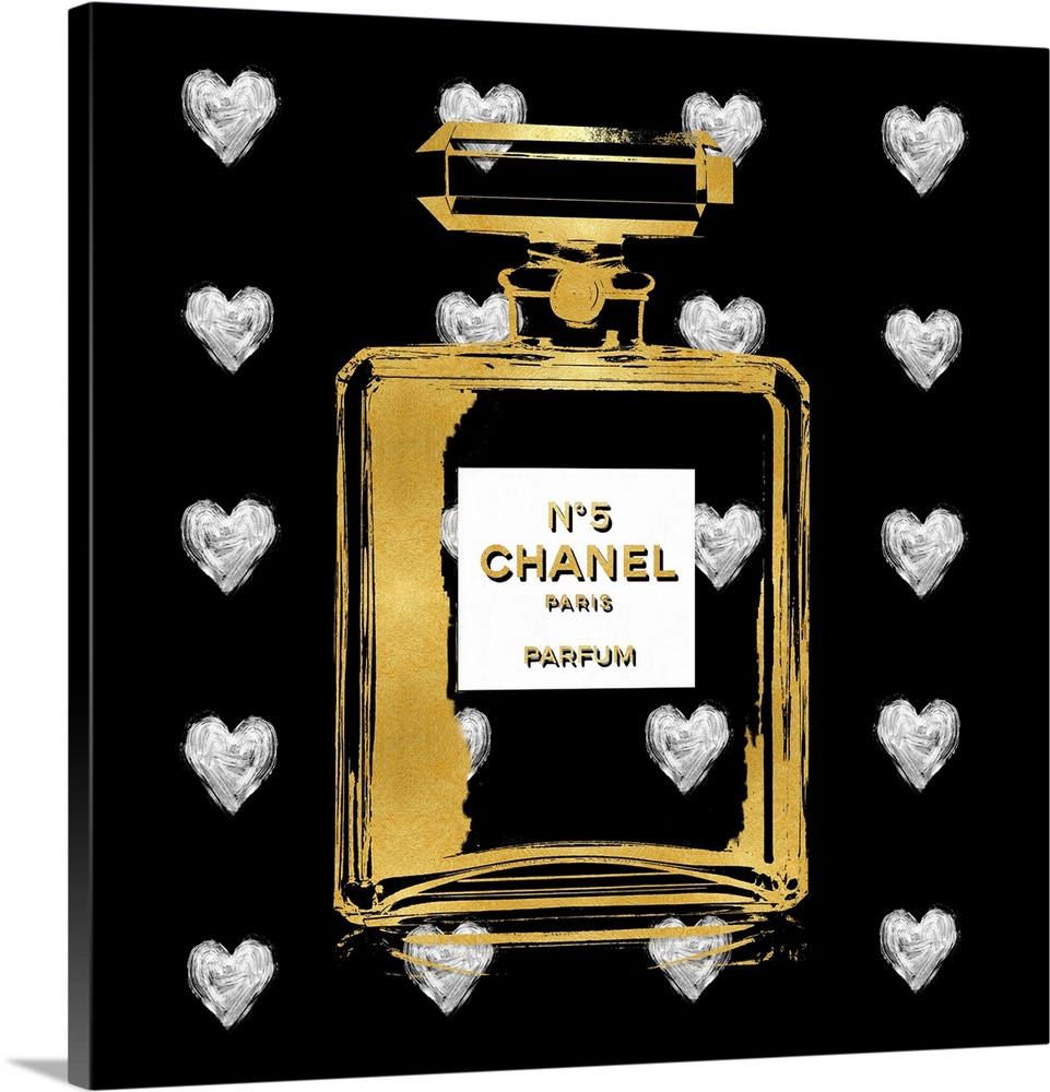 A black background with hearts peek through a transparent bottle of perfume.