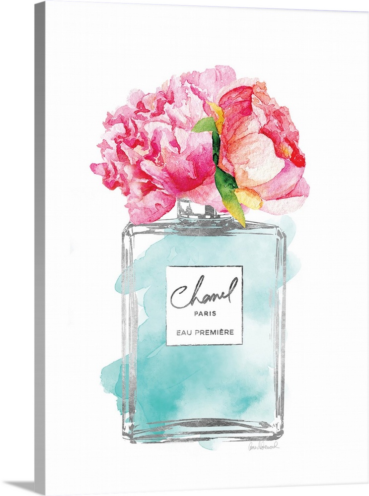 A bottle of perfume filled with watercolor droplets and flowers as the topper.