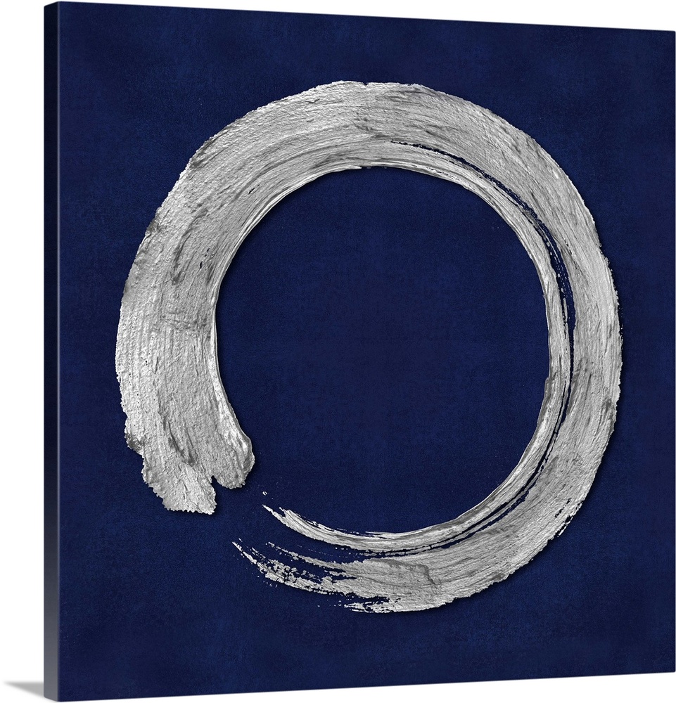 This Zen artwork features a sweeping circular brush stroke in silver over a mottled blue background.